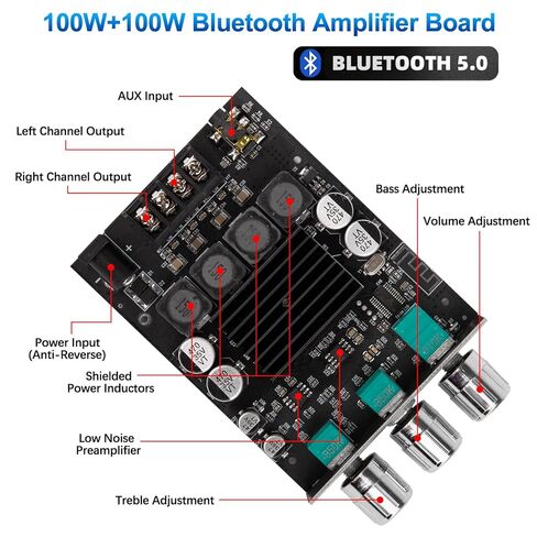ZK-1002T Bluetooth 5.0 Amplifier Board,100W+100W 2.0 Channel HiFi Subwoofer Audio Amp Board with Treble and Bass Control, DC 12-24V, BT and AUX Inputs,Audio Amplifier Module for DIY Speakers in Kuwait