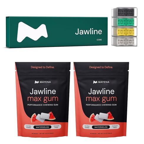 حزمة ماينا النهائية | مجموعة تمارين الفك الأساسية من Mayena (4 مستويات مقاومة) وعلكة Jawline Max من Mayena (البطيخ / 40 قطعة) | خط إنتاج كامل لتقوية الوجه وتحديد الفك in Kuwait