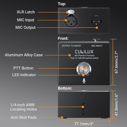 Cubilux MMX-2 XLR Push-to-Talk (PTT) Microphone Switch - 48V Phantom Power Pass-Through | LED Indicator | 1/4" ARRI Mount - Aluminum Momentary MIC On Switcher for Podcasting, Streaming in Saudi Arabia