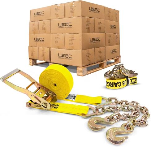 US Cargo Control 2 Inch x 27 Foot Ratchet Straps with Chain Ends and Grab Hooks (2 Pack), 2 Inch Ratchet Straps for Flatbed Trailers, Grade 70 Transport Chain End, Chain Hooks for 5/16" Chain in Kuwait