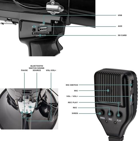 مكبر صوت 75 وات، مكبر صوت عالي مع AUX (3.5 ملم)، مدخل USB وبلوتوث، صفارة إنذار وتسجيل مدمج - بطارية قابلة لإعادة الشحن للأماكن الخارجية والشرطة والتشجيع in Kuwait