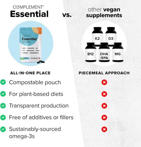 فيتامينات نباتية مكملة تكفي لمدة شهرين للنساء والرجال (180 كبسولة) أوميجا 3 DHA+EPA، فيتامين ب12، فيتامين د3 ك2، زنك، سيلينيوم، مغنيسيوم، مكمل اليود - صنع في الولايات المتحدة الأمريكية، 60 حصة in Kuwait