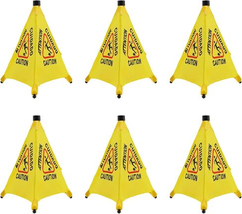 6 Pcs Caution Wet Floor Sign, Pop up Wet Floor Cone with Storage Tube Yellow Warning Sign Caution Safety Cone for Commercial Stores Grocery Restaurant Restroom Office Use in Kuwait
