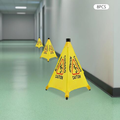 8 PCS Pop up Wet Floor Sign with Storage Tube, 20 Inch Wet Safety Warning Caution Cone Yellow Warning Sign for Commercial Stores Grocery Office Use,with Umbrella Frame in Saudi Arabia