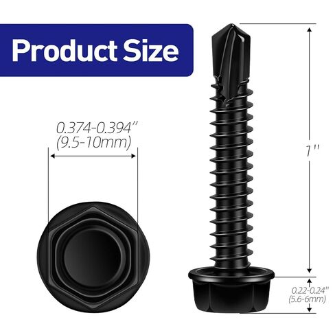 #14 x 1 Hex Washer Head Self Tapping Screws, TEK Screws, Self Drilling, Stainless Steel 410 Sheet Metal Screws, Black Finish, 50 PCS in Kuwait