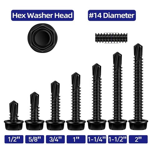 #14 x 1 Hex Washer Head Self Tapping Screws, TEK Screws, Self Drilling, Stainless Steel 410 Sheet Metal Screws, Black Finish, 50 PCS in Kuwait