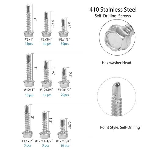 #8, #10, #12 Self Drilling Screws Hex Self Tapping Screws for Metal,410 Stainless Still, 160 pcs Sheet Metal Screws Assortment kit in Saudi Arabia