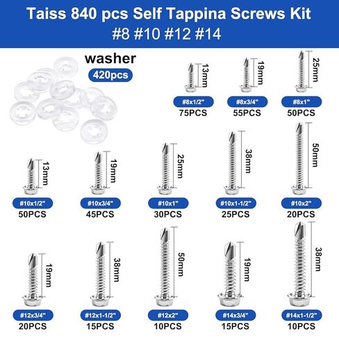 Taiss 840 قطعة #8#10#12#14 براغي ذاتية اللصق للمعادن، 410 براغي معدنية من الفولاذ المقاوم للصدأ عالية القوة، براغي معدنية سريعة الصفائح، رأس غسالة سداسية ذاتي الحفر مع 420 قطعة من الغسالة المطاطية in Kuwait