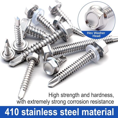 Taiss 840 قطعة #8#10#12#14 براغي ذاتية اللصق للمعادن، 410 براغي معدنية من الفولاذ المقاوم للصدأ عالية القوة، براغي معدنية سريعة الصفائح، رأس غسالة سداسية ذاتي الحفر مع 420 قطعة من الغسالة المطاطية in Kuwait