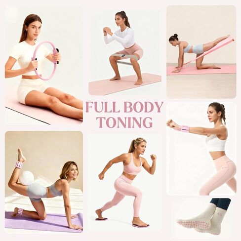 Pilates Kit, Home Pilates Kit with Pilates Ring and Ball Set, 14-Piece Full Body Pilates Equipment Set with Resistance Bands, Sliders, Ankle Weights & Grip Socks for Home Workouts in Kuwait