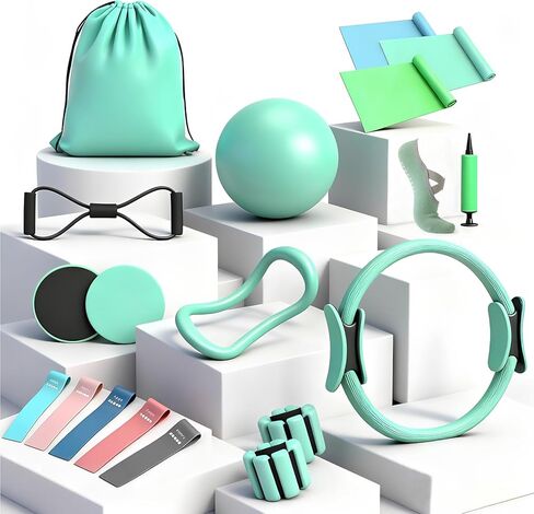 19PCS Pilates Kit, Mint Green Home Pilates Workout Kit for Women, Pilates Equipment with 14" Pilates Ring and Ball, Ankle Weights, Resistance Bands, Pilates Socks Accessories for Home Workout in Kuwait