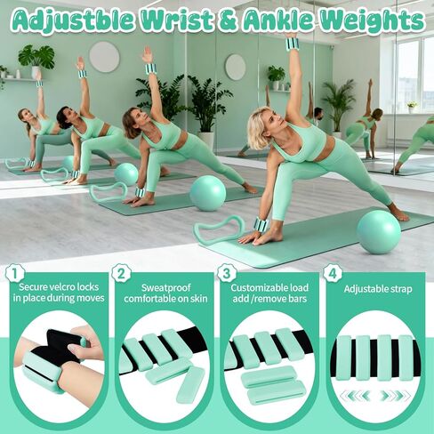 19PCS Pilates Kit, Mint Green Home Pilates Workout Kit for Women, Pilates Equipment with 14" Pilates Ring and Ball, Ankle Weights, Resistance Bands, Pilates Socks Accessories for Home Workout in Kuwait