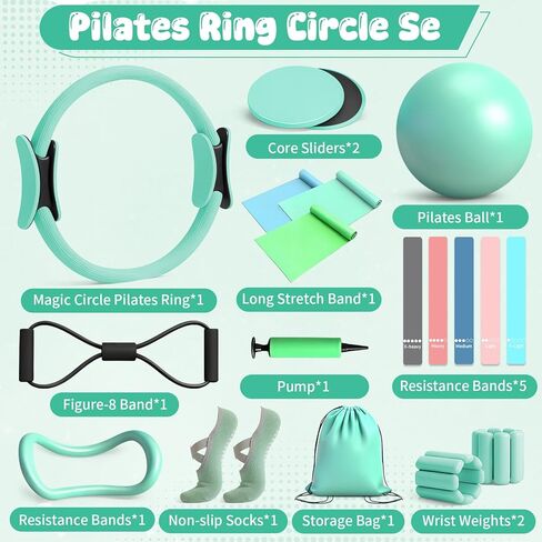 19PCS Pilates Kit, Mint Green Home Pilates Workout Kit for Women, Pilates Equipment with 14" Pilates Ring and Ball, Ankle Weights, Resistance Bands, Pilates Socks Accessories for Home Workout in Kuwait