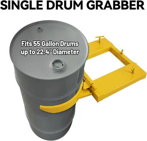 Drum Grabber 1500lbs Capacity Single Fork Mounted Drum Gripper, Hinged Folding Arm Design for 55 Gallon Drums up to 22.4" Diameter, Yellow in Saudi Arabia