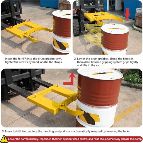 Drum Grabber 1500lbs Capacity Single Fork Mounted Drum Gripper, Hinged Folding Arm Design for 55 Gallon Drums up to 22.4" Diameter, Yellow in Saudi Arabia
