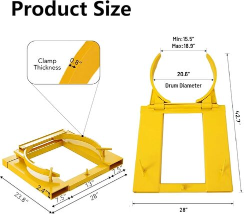 Drum Grabber 1500lbs Capacity Single Fork Mounted Drum Gripper, Hinged Folding Arm Design for 55 Gallon Drums up to 22.4" Diameter, Yellow in Saudi Arabia