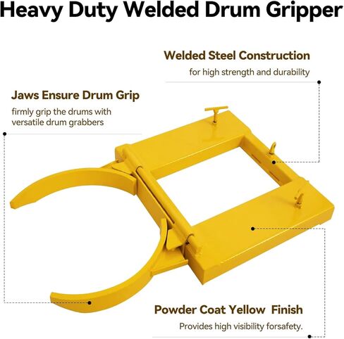 Drum Grabber 1500lbs Capacity Single Fork Mounted Drum Gripper, Hinged Folding Arm Design for 55 Gallon Drums up to 22.4" Diameter, Yellow in Saudi Arabia