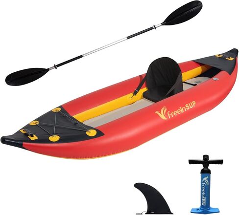 Freein 1-2 Person Professional Series Inflatable Kayak Set with Paddle, Seat, Fin, High-Output Air Pump, Carry Bag, 10'6" Emergency Sit-in Boat in Kuwait