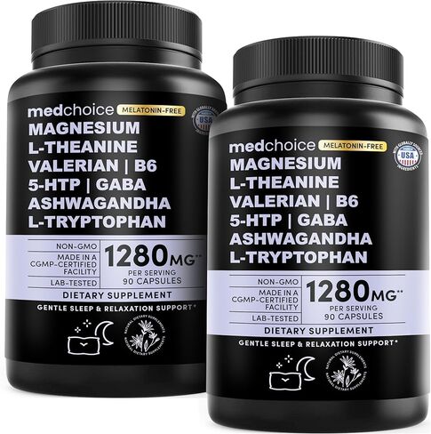 12-in-1 Melatonin Sleep Capsules - Natural Sleep Aids for Adults with Melatonin 5mg and Magnesium Glycinate 500mg, Sleep Aid with Ashwagandha, L Theanine, Valerian Root, GABA, 5-HTP (90ct, Pack of 1) in Kuwait