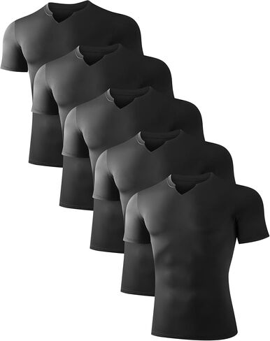 5 قطع من القمصان الرجالية المضغوطة بأكمام قصيرة سريعة الجفاف للتمرينات الرياضية وطبقة أساسية من القميص الداخلي برقبة على شكل حرف V لصالة الألعاب الرياضية in Kuwait