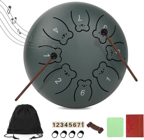 Bear Steel Tongue Drum 6 Inch 8 Notes, Rain Drum for Outside Garden, Kids Steel Drum Instrument, Calming Sound Healing Chime with Mallets, Music Book and Carry Bag (Stone Green) in Saudi Arabia