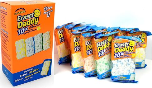 Scrub Daddy - Eraser Daddy with Scrubbing Gems Dual-Sided Scrubber and Eraser, Lasts 10x Longer Than Ordinary Melamine Erasers, Water Activated, Ergonomic, Pack of 12, Includes 4 Colors in Saudi Arabia