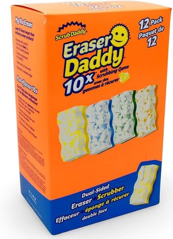 Scrub Daddy - Eraser Daddy with Scrubbing Gems Dual-Sided Scrubber and Eraser, Lasts 10x Longer Than Ordinary Melamine Erasers, Water Activated, Ergonomic, Pack of 12, Includes 4 Colors in Saudi Arabia