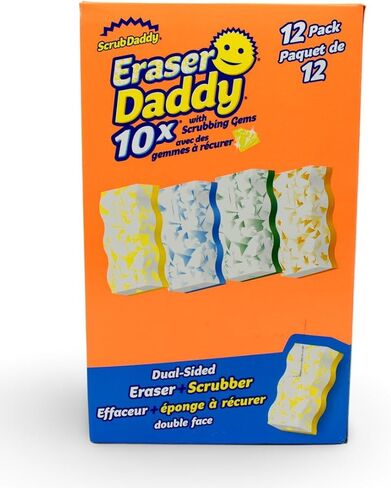 Scrub Daddy - Eraser Daddy with Scrubbing Gems Dual-Sided Scrubber and Eraser, Lasts 10x Longer Than Ordinary Melamine Erasers, Water Activated, Ergonomic, Pack of 12, Includes 4 Colors in Saudi Arabia