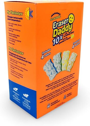 Scrub Daddy - Eraser Daddy with Scrubbing Gems Dual-Sided Scrubber and Eraser, Lasts 10x Longer Than Ordinary Melamine Erasers, Water Activated, Ergonomic, Pack of 12, Includes 4 Colors in Saudi Arabia