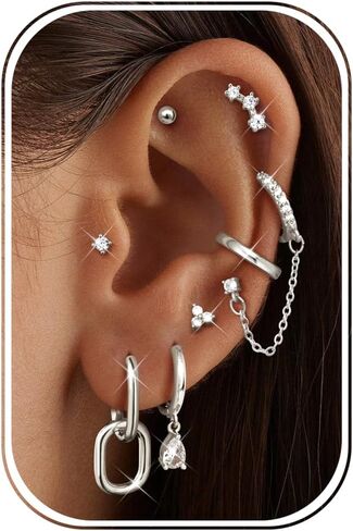 LOLIAS Gold Hoop Stud Earring Stacks for Women - 14K Gold Plated Chain Cartilage Earrings Cute Hypoallergenic Silver Huggie Earrings Sets for Multiple Piercing Jewelry Lightweight 8Pairs in Saudi Arabia