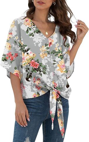 VIISHOW Womens Tie Front Chiffon Blouses V Neck Batwing Short Sleeve Summer Floral Tops Shirts in Kuwait