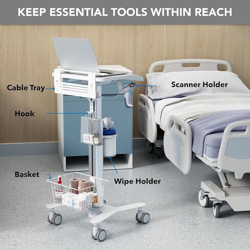 Mount-It! Height Adjustable Medical Laptop Cart, Mobile Rolling Workstation with Secure Laptop Holder, Cable Management, and Storage Hooks – Ergonomic Sit-to-Stand Cart for Clinics and Hospitals in Saudi Arabia