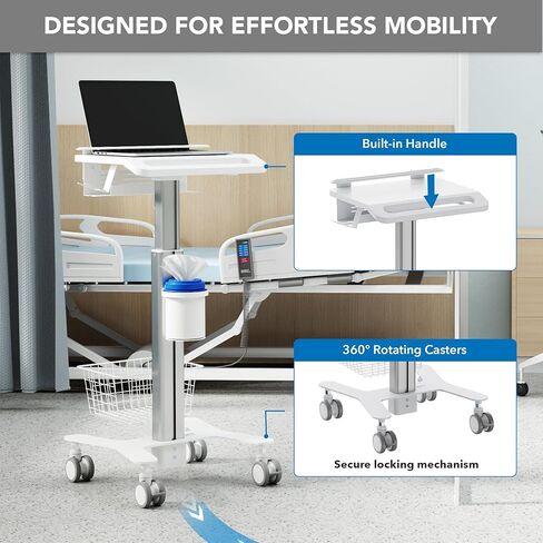 Mount-It! Height Adjustable Medical Laptop Cart, Mobile Rolling Workstation with Secure Laptop Holder, Cable Management, and Storage Hooks – Ergonomic Sit-to-Stand Cart for Clinics and Hospitals in Saudi Arabia