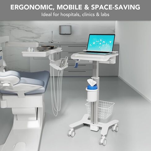 Mount-It! Height Adjustable Medical Laptop Cart, Mobile Rolling Workstation with Secure Laptop Holder, Cable Management, and Storage Hooks – Ergonomic Sit-to-Stand Cart for Clinics and Hospitals in Saudi Arabia