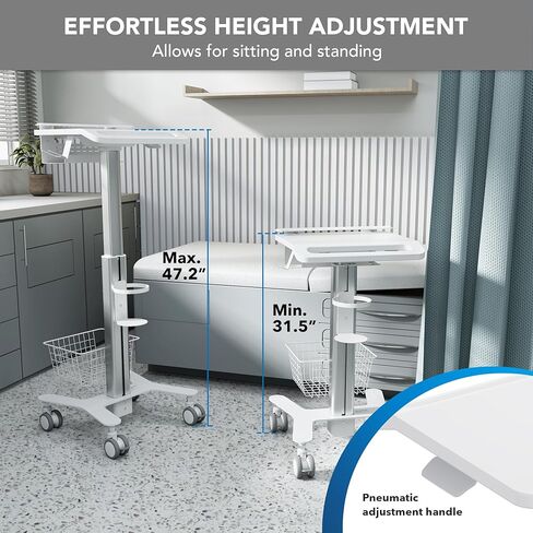 Mount-It! Height Adjustable Medical Laptop Cart, Mobile Rolling Workstation with Secure Laptop Holder, Cable Management, and Storage Hooks – Ergonomic Sit-to-Stand Cart for Clinics and Hospitals in Saudi Arabia