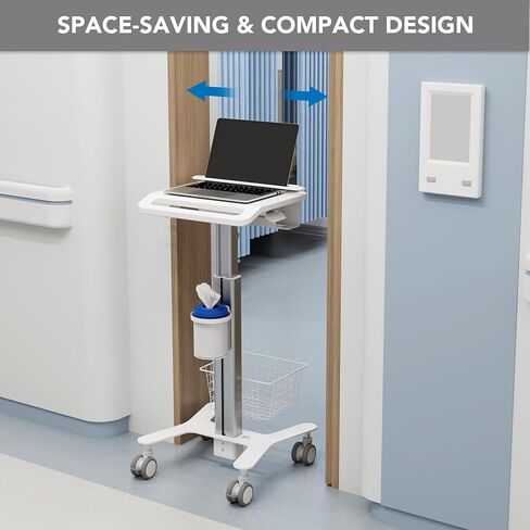 Mount-It! Height Adjustable Medical Laptop Cart, Mobile Rolling Workstation with Secure Laptop Holder, Cable Management, and Storage Hooks – Ergonomic Sit-to-Stand Cart for Clinics and Hospitals in Saudi Arabia