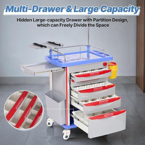 عربة التصادم الطبية مع أدراج من كاريبودا، عربة دوارة للطوارئ مع عجلات صامتة، عمود IV قابل للتعديل، شرائط الطاقة، سلة مهملات ABS، حامل O2، للمستشفيات والعيادة ومراكز التمريض، 350 رطل in Kuwait