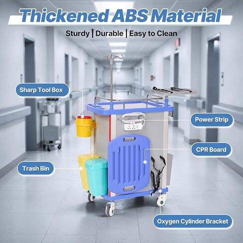 عربة التصادم الطبية مع أدراج من كاريبودا، عربة دوارة للطوارئ مع عجلات صامتة، عمود IV قابل للتعديل، شرائط الطاقة، سلة مهملات ABS، حامل O2، للمستشفيات والعيادة ومراكز التمريض، 350 رطل in Kuwait