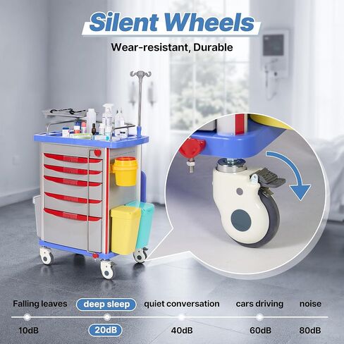 عربة التصادم الطبية مع أدراج من كاريبودا، عربة دوارة للطوارئ مع عجلات صامتة، عمود IV قابل للتعديل، شرائط الطاقة، سلة مهملات ABS، حامل O2، للمستشفيات والعيادة ومراكز التمريض، 350 رطل in Kuwait