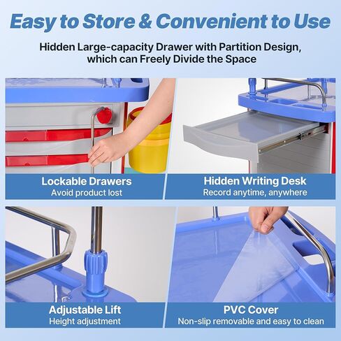 عربة التصادم الطبية مع أدراج من كاريبودا، عربة دوارة للطوارئ مع عجلات صامتة، عمود IV قابل للتعديل، شرائط الطاقة، سلة مهملات ABS، حامل O2، للمستشفيات والعيادة ومراكز التمريض، 350 رطل in Kuwait