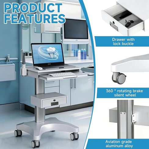 Dental Clinic Trolley Cart with Scanner Holder, Mobile Workstation Equipped Lockable Drawer Silent Wheels with Brakes for Dental Clinic, Beauty Salons, Aluminum Alloy Bracket in Kuwait