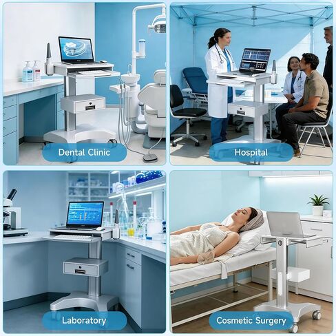 Dental Clinic Trolley Cart with Scanner Holder, Mobile Workstation Equipped Lockable Drawer Silent Wheels with Brakes for Dental Clinic, Beauty Salons, Aluminum Alloy Bracket in Kuwait