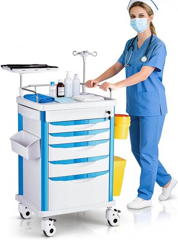 Crash Cart مادة ABS الطبية، عربة طبية مع أدراج، عمود IV قابل للتعديل، عجلات صامتة، صناديق القمامة، حامل O2، حامل التخلص من الإبرة، لوحة الإنعاش القلبي الرئوي، عربة التمريض لعيادة المستشفى in Saudi Arabia