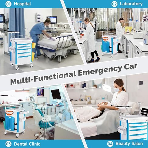 Crash Cart مادة ABS الطبية، عربة طبية مع أدراج، عمود IV قابل للتعديل، عجلات صامتة، صناديق القمامة، حامل O2، حامل التخلص من الإبرة، لوحة الإنعاش القلبي الرئوي، عربة التمريض لعيادة المستشفى in Saudi Arabia
