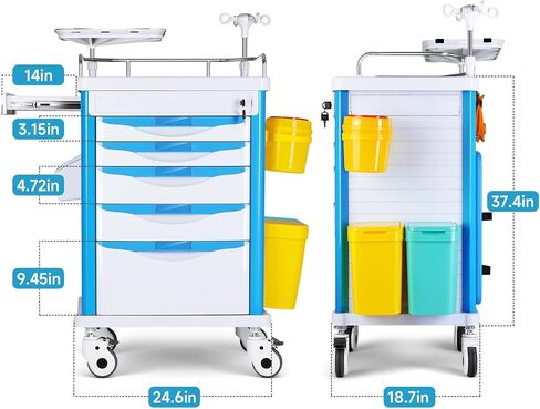 Crash Cart مادة ABS الطبية، عربة طبية مع أدراج، عمود IV قابل للتعديل، عجلات صامتة، صناديق القمامة، حامل O2، حامل التخلص من الإبرة، لوحة الإنعاش القلبي الرئوي، عربة التمريض لعيادة المستشفى in Saudi Arabia