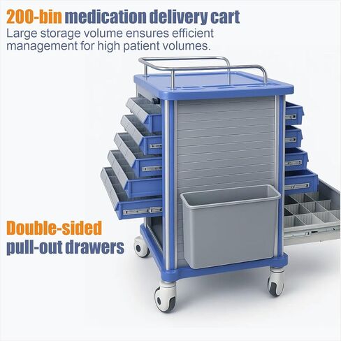 200-Bins Medication Cart with Trash Can & Chart Rack, Mobile Pill Cabinet for Clinic Nursing Center Daily Patients Management, Double-Sided Pull, Set of 1 (30" L x 19" W x 37" H) in Kuwait