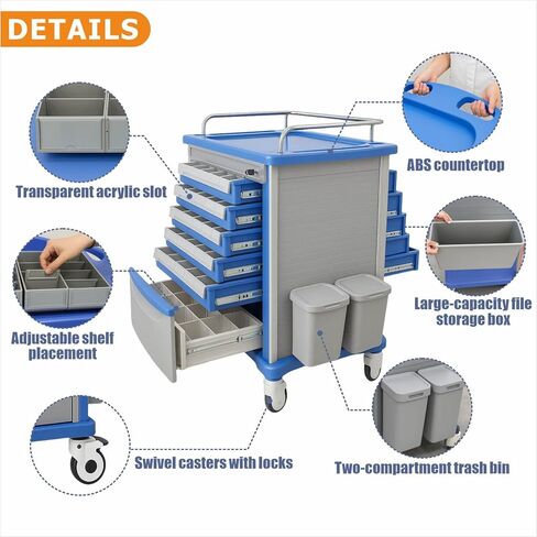 200-Bins Medication Cart with Trash Can & Chart Rack, Mobile Pill Cabinet for Clinic Nursing Center Daily Patients Management, Double-Sided Pull, Set of 1 (30" L x 19" W x 37" H) in Kuwait
