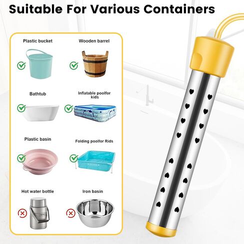 Immersion Water Heater 1500W, UL Listed Certified, Portable Submersible Water Heater with Intelligent Temperature Control, Stainless Steel & Dry-Burn Protection, for Bathtubs, Hot Tubs, Pools, Buckets in Kuwait