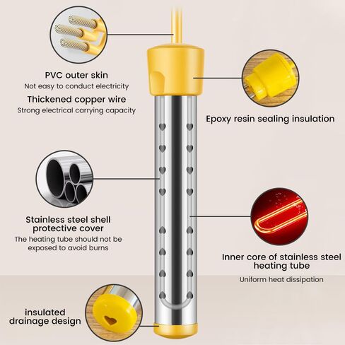 Immersion Water Heater 1500W, UL Listed Certified, Portable Submersible Water Heater with Intelligent Temperature Control, Stainless Steel & Dry-Burn Protection, for Bathtubs, Hot Tubs, Pools, Buckets in Kuwait