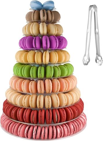 OMISTAR 2 PCS 6-Tier Clear Macaron Display Stands, Plastic Macaron Tray Tower with Stainless Steel Serving Tongs, Transparent Cupcake Dessert Stand for Weddings, Birthday Parties, Bakeries in Saudi Arabia